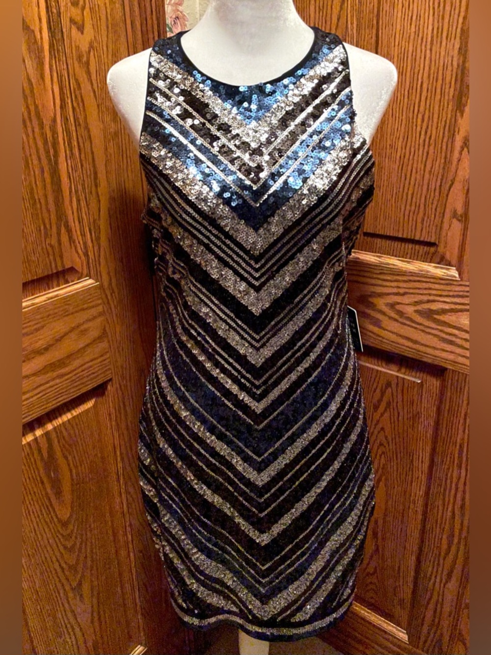 Express Sequin Sheath Dress; Black, Silver, Blue Embellished Design; Sz Med; NWT